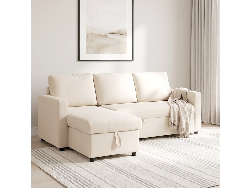  Canapé d'angle convertible modulable avec méridienne réversible, coffre de rangement et 3 coussins de dossier, crème  - Conforama B