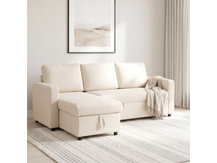 Canapé d'angle convertible modulable avec méridienne réversible, coffre de rangement et 3 coussins de dossier, crème