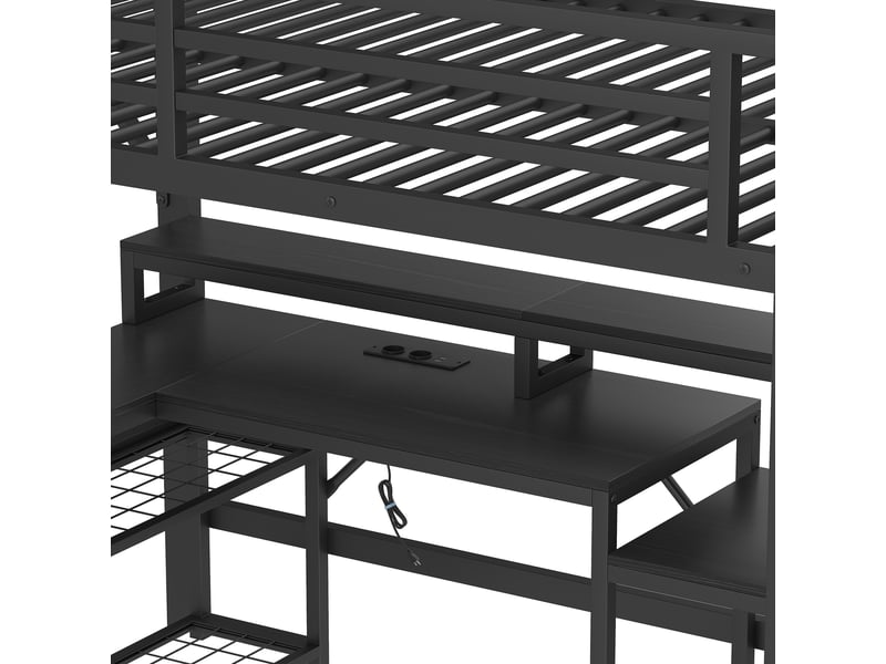  Lit mezzanine 140 x 200 cm sans matelas, structure métal, bureau, led, usb, escalier avec rangement, noir  - Conforama E