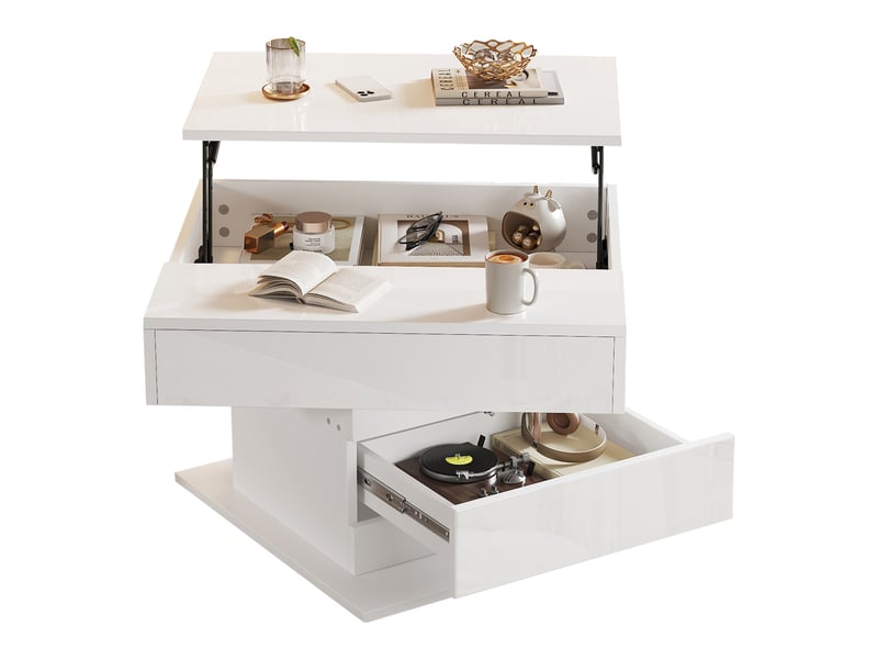  Table basse 70x70x45 cm avec plateau pivotant et rangement, aggloméré, blanc  - Conforama A