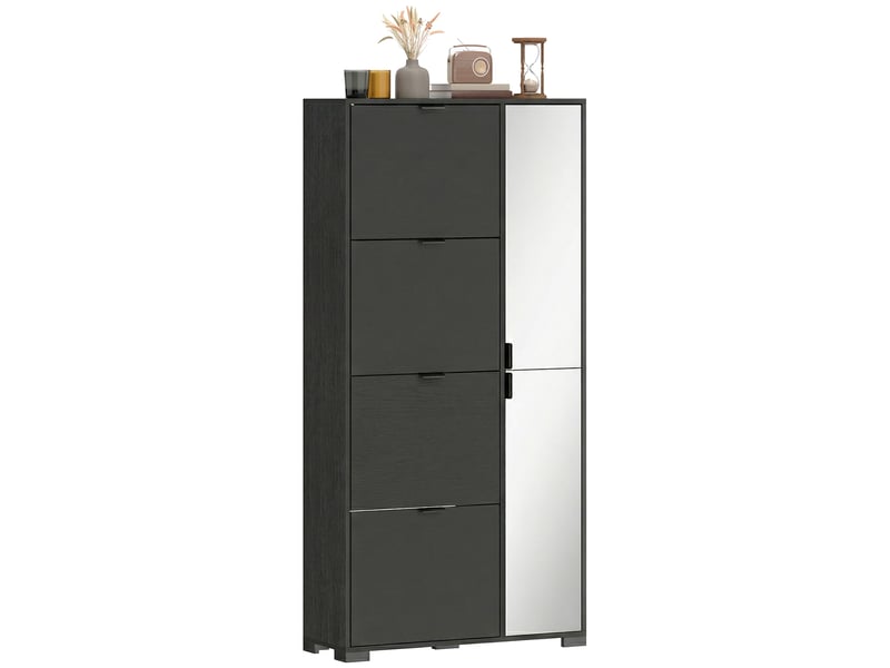  Meuble à chaussures 4 tiroirs rabattables 2 portes miroir mdf noir 82x30x168 cm  - Conforama B