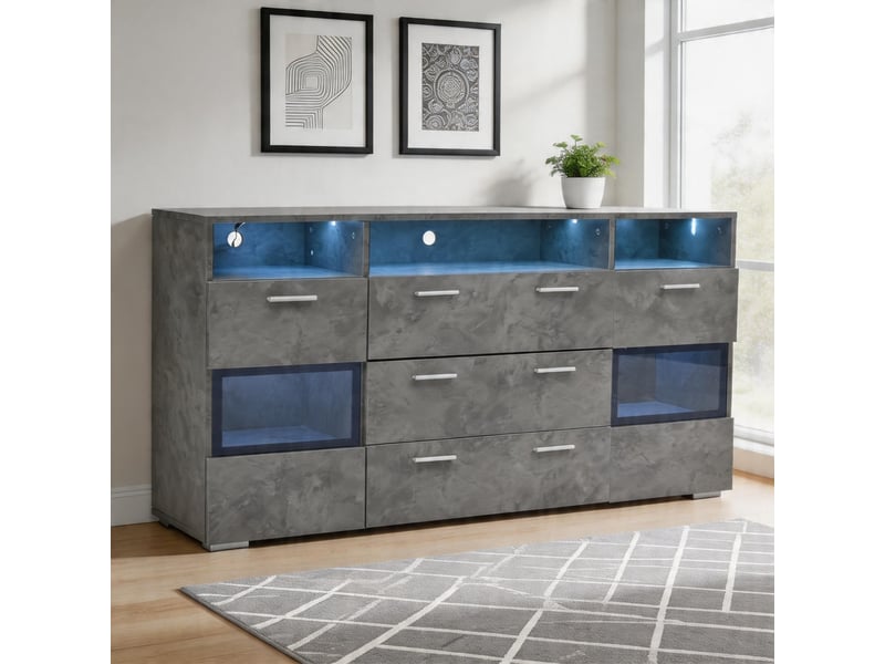  Buffet moderne 140 cm gris éclairage led portes acrylique transparent 2 portes 3 tiroirs rangement ouvert meuble bas armoire rangement angle  - Conforama B