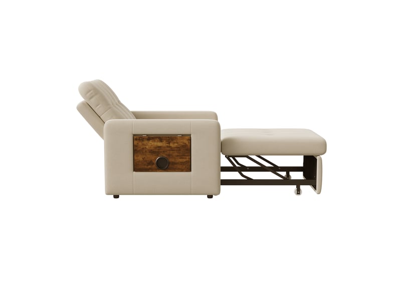  Fauteuil canapé-lit convertible 1-place - beige - 190 x 69 cm - en tissu chenille avec tablette en bois et chargeur usb intégré  - Conforama D