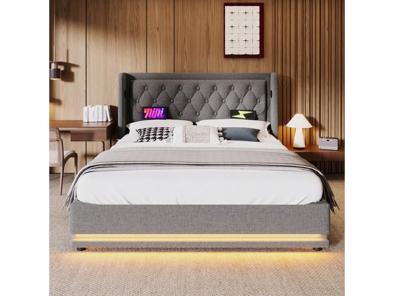  Lit coffre hydraulique 180x200 cm en coton gris avec tête de lit capitonnée, ports usb et type-c, éclairage led sur 3 côtés.  - Conforama B