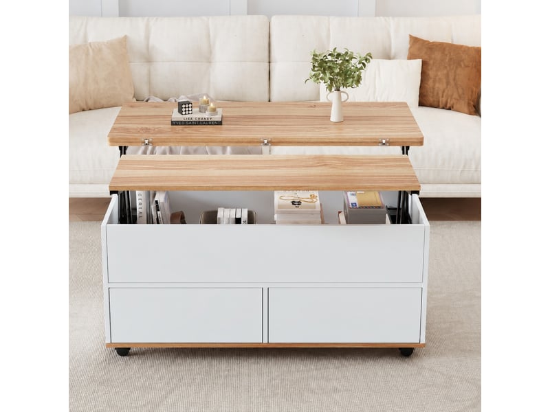  Table basse relevable avec rangement, double plateau, tiroir et roulettes, 100 x 98 x 65, blanc et bois naturel  - Conforama D