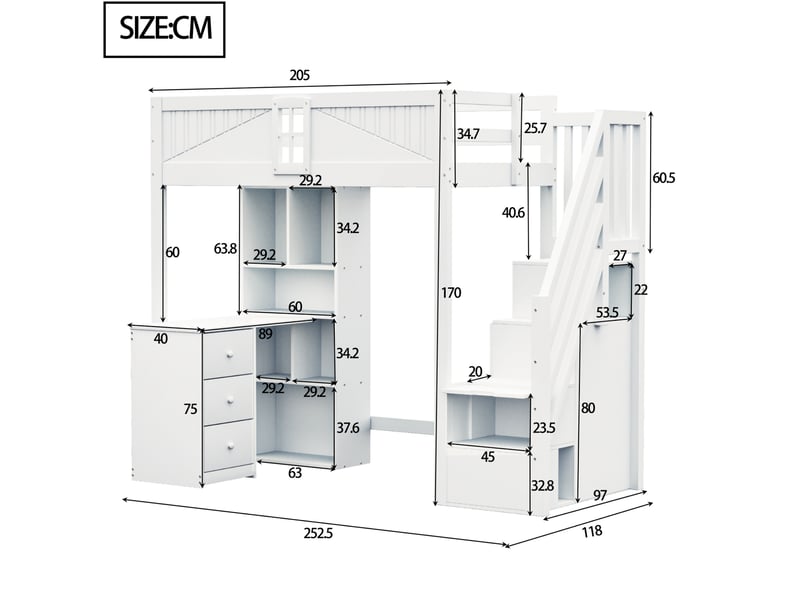  Lit mezzanine 90x200 cm, bureau, échelle de rangement latérale, garde-corps avec fenêtre, bois, blanc, sans matelas  - Conforama C