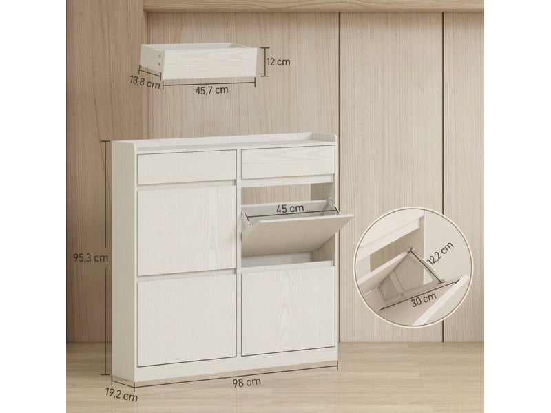  Meuble à chaussures avec 2 tiroirs et 4 compartiments rabattables pour 8 paires, en mdf et aggloméré blanc  - Conforama C