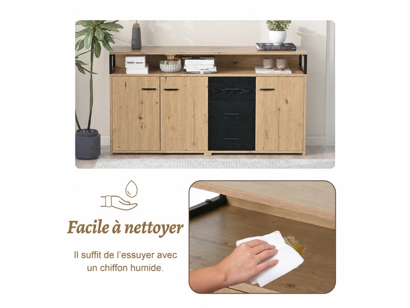  Buffet industriel 3 portes et 3 tiroirs 150x35x75.9 cm noir et bois  - Conforama D