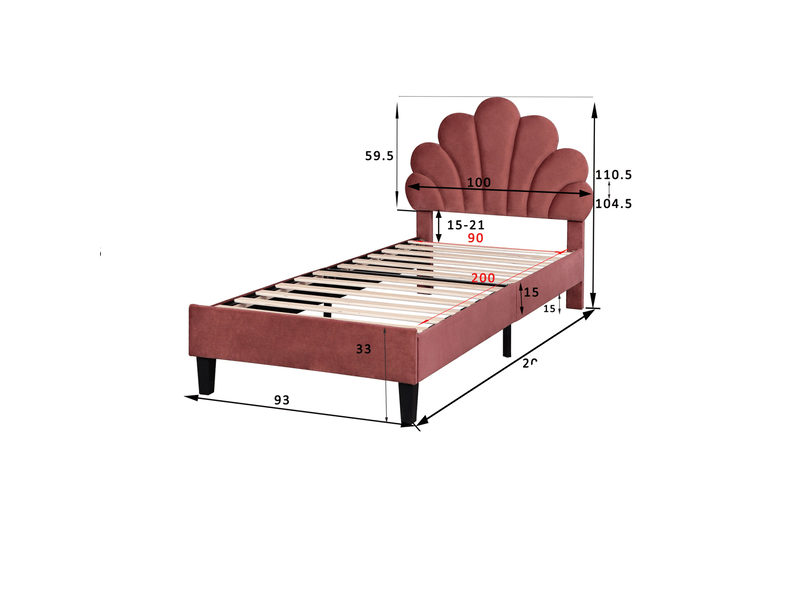  Lit enfant 90x200 cm, lit simple capitonné princesse avec tête de lit coquillage réglable, sommier, tissu velours rouge  - Conforama E