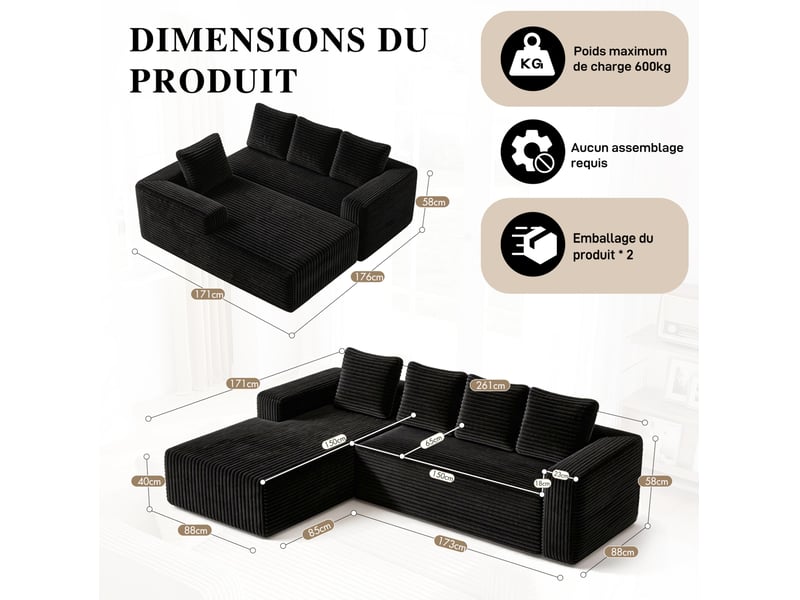  Canapé d'angle modulable 4 places avec méridienne evryae  - Conforama D