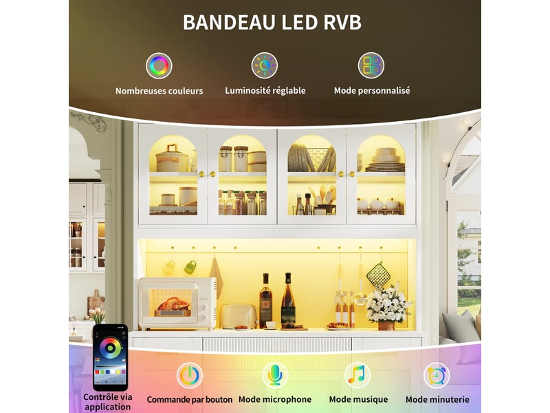  Armoire de cuisine haute 120 cm, buffet de cuisine blanc avec led rgb, 3 vitrines (sans matelas).  - Conforama D