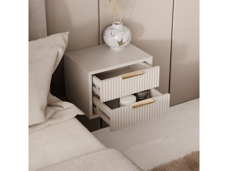 Table de chevet murale suspendue 2 tiroirs beige cachemire façade rainurée - Conforama B