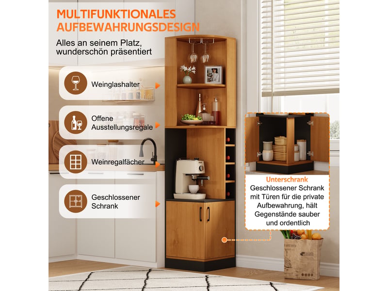 Meuble d'angle pour vin - 40 x 40 x 182 cm - bois et noir - colonne de rangement d'angle avec porte-verres et compartiments à bouteilles - Conforama E