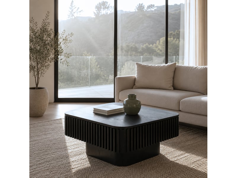  Table basse carrée noire 75 cm avec rangement caché, mdf plaqué bois et couvercle amovible, pour votre salon  - Conforama E