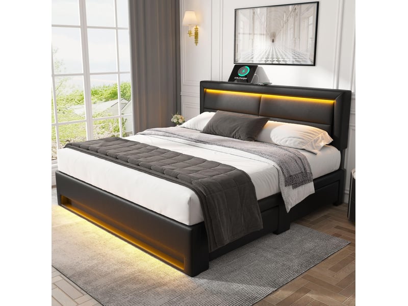  Lit rembourré tcqpz 140 x 200 cm avec usb chargement sans fil et filaire led 4 tiroirs sommier à lattes pu noir sans matelas  - Conforama D
