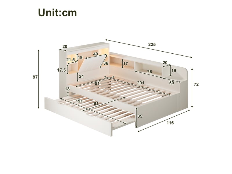 Lit gigogne 90x200 cm avec rangements, liseuses et ports usb, blanc - Conforama E