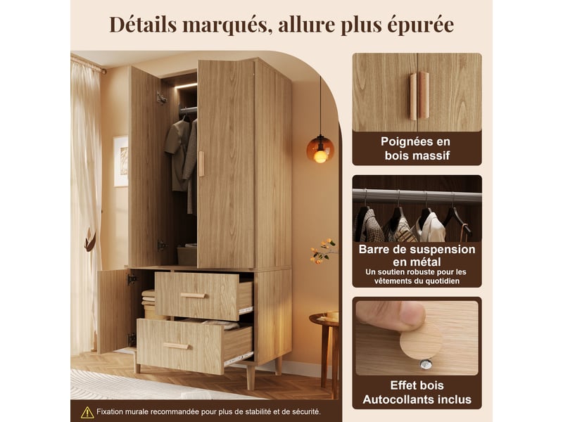  Armoire penderie 80x48x176 cm avec éclairage led intelligent, barre de penderie, 2 tiroirs et étagères ouvertes - blanc - aspect chêne  - Conforama D