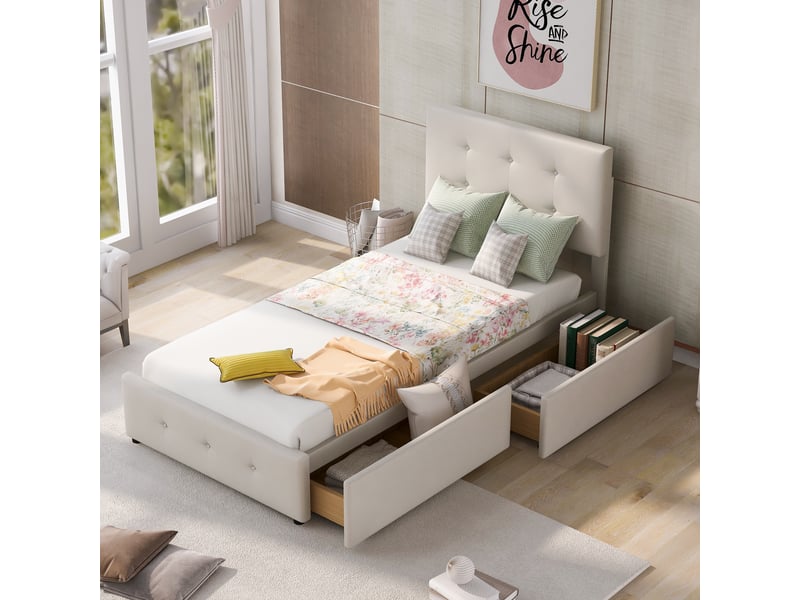  Lit simple 90x200 cm, velours beige, dossier ajustable, deux tiroirs de rangement, lattes et sans matelas  - Conforama C