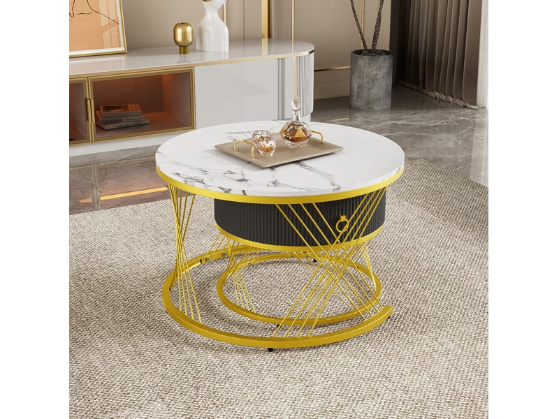  Tables basses gigognes 70x70x45 cm et 50x50x40 cm avec tiroir, plateau mdf, blanc et doré  - Conforama E