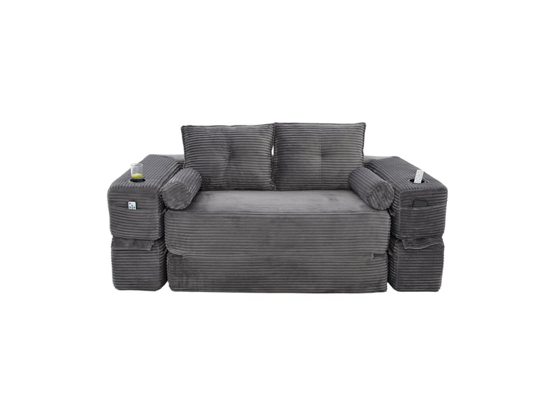  Canapé convertible 2 places en velours côtelé gris foncé avec tiroir de rangement intégré sous l'assise  - Conforama A