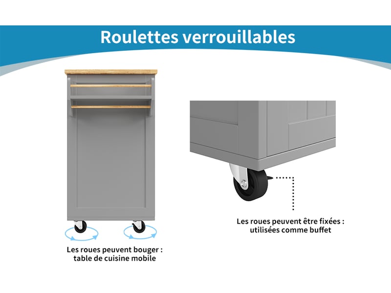  Desserte cuisine, îlot central sur roulettes avec plan de travail, range-bouteilles, dimensions 102 x 45 x 92 cm, mdf, gris  - Conforama E
