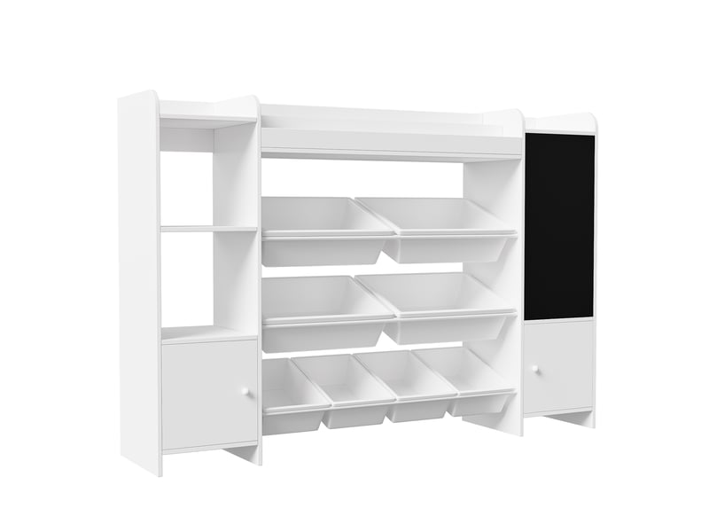  Bibliothèque enfant - 137 x 30 x 94,5 cm - blanc - meuble de rangement multifonction avec bacs plastiques et tableau noir  - Conforama A