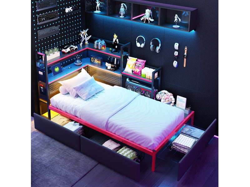  Lit simple 90x200 cm en métal avec 3 tiroirs, étagères, led et usb, noir  - Conforama B