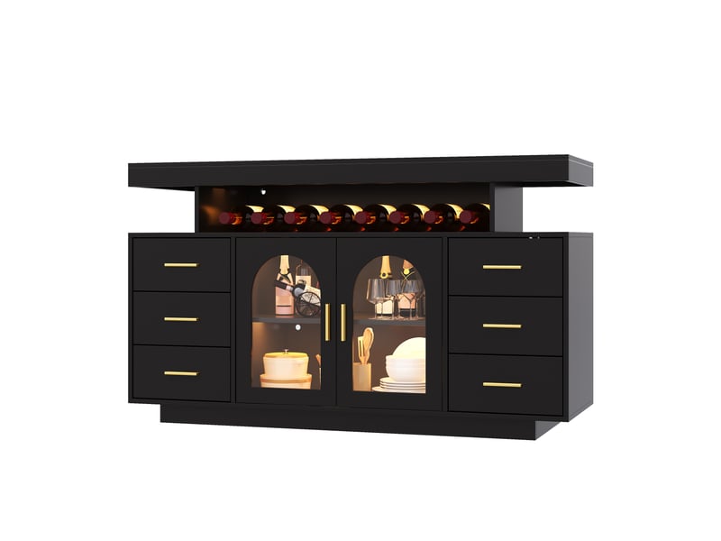  Buffet bar 140x40x82 cm noir en mdf, led, 6 tiroirs, 2 portes vitrées et rangement pour verres  - Conforama A