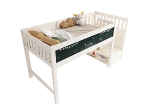Lit superposé 90x200 cm - escalier avec rangement & tableau - lit superposé enfant - bois massif blanc - sommier inclus - design