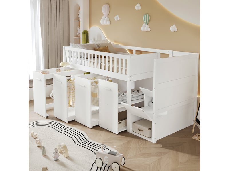 Lit superposé enfant 90x200 cm avec bureau coulissant et rangements, blanc - Conforama D