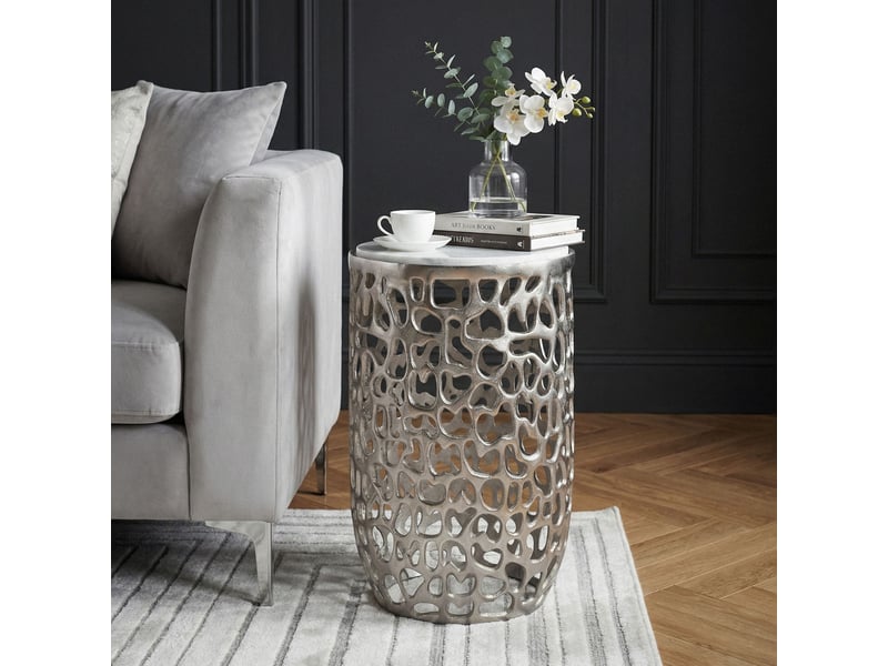 Finebuy table d'appoint ronde en aluminium 30cm argente – table d'appoint avec plateau en marbre – table basse design en métal pour salon – table de salon ronde moderne – table décorative faite à la main  - Conforama C