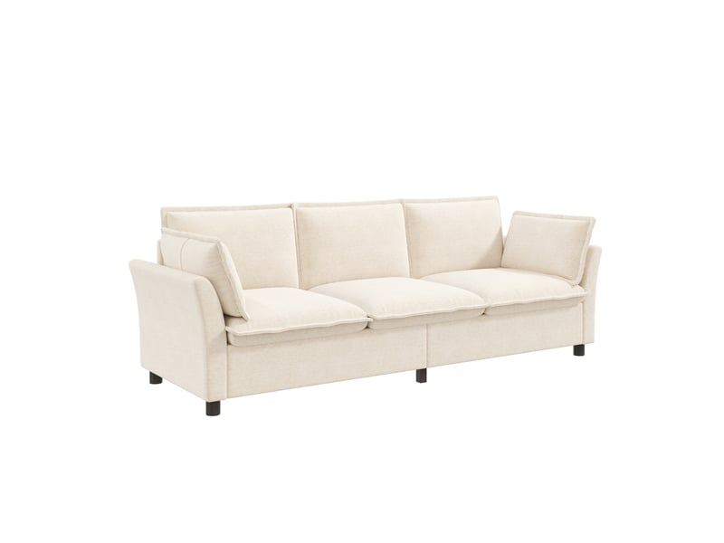 Canapé de salon 3 places 220x81x87 cm, confort moelleux effet nuage avec cadre métal et 2 coussins d’accoudoirs, chenille, beige - Conforama A