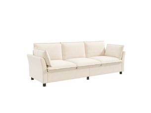 Canapé de salon 3 places 220x81x87 cm, confort moelleux effet nuage avec cadre métal et 2 coussins d’accoudoirs, chenille, beige