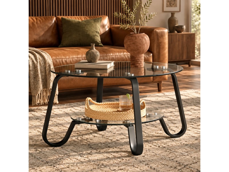  Table basse ronde à deux niveaux en verre trempé - lpospi - structure métallique industrielle, métal - noir  - Conforama C