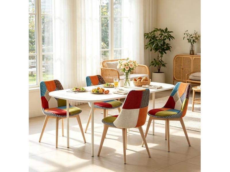  Lot de 4 chaises de salle à manger multicolores en tissu en lin avec pieds en bois  - Conforama B