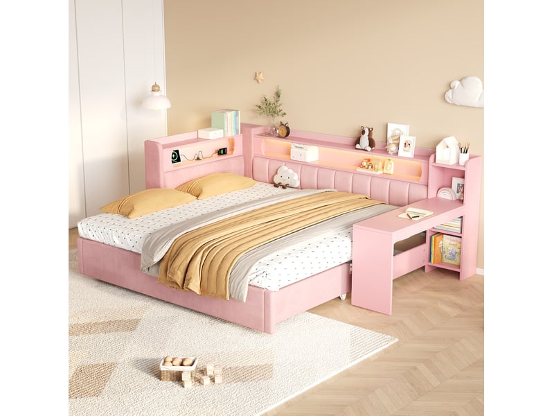  Lit gigogne 90x200 cm led et usb avec bureau en mdf et contreplaqué rose  - Conforama C