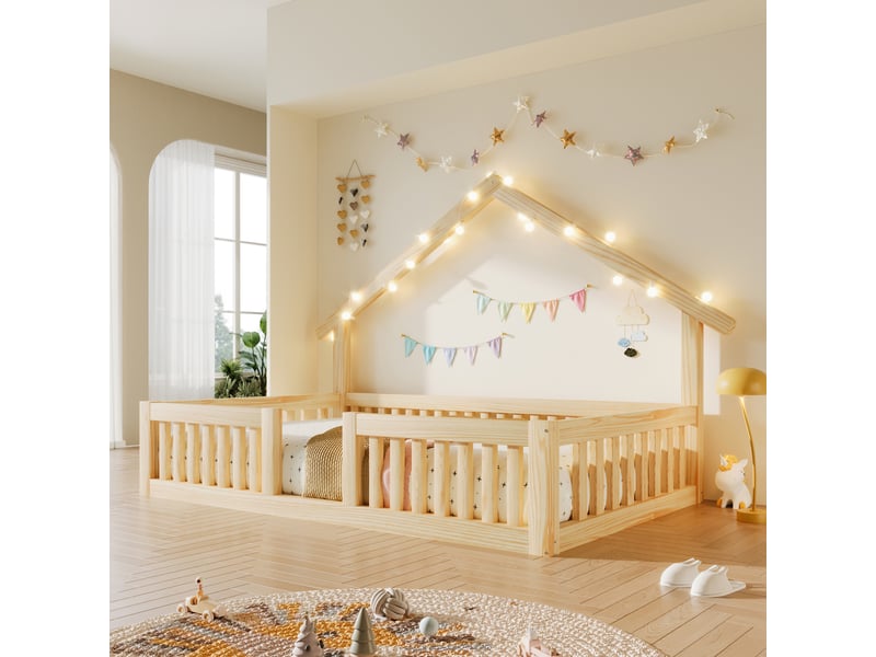 Lit cabane 90x200 cm, structure en bois, coloris naturel, éclairage led, ports usb et usb-c, garde-corps, design cabane, gain de place optimisé - Conforama B