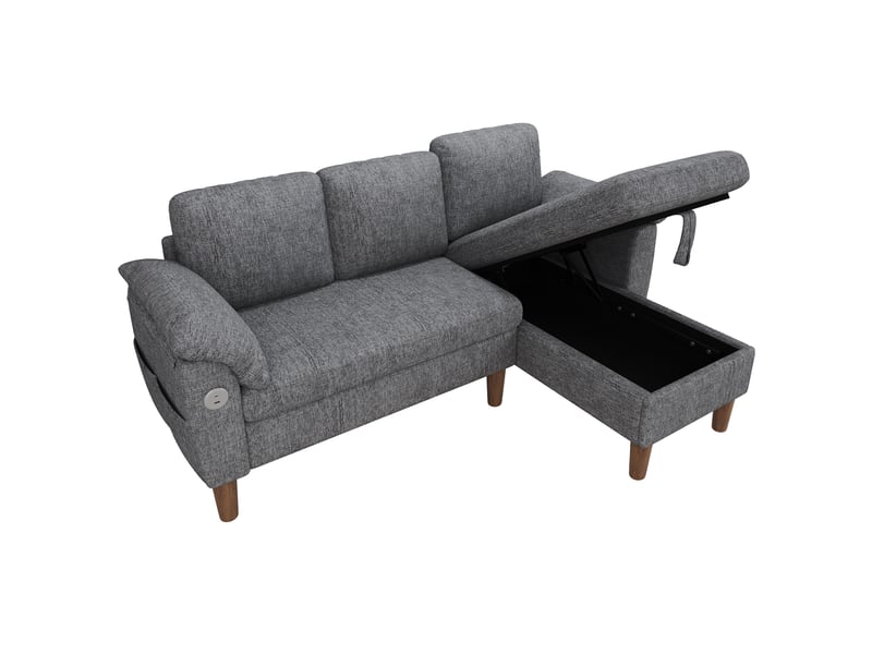 Canapé d'angle en l 3 places avec méridienne et coffre de rangement, tissu chenille gris clair, ports usbtype-c pour salon moderne - Conforama A