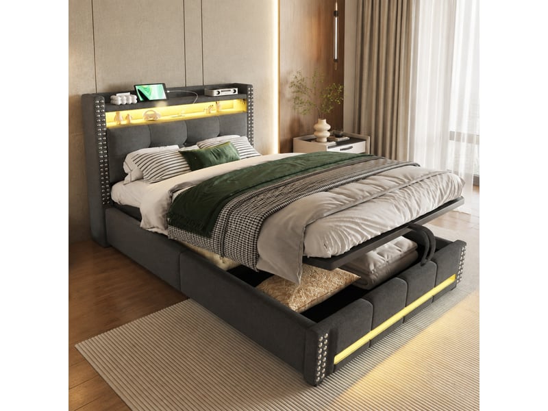  Lit enfant rembourré 90 x 200 cm gris avec led, prise usb et rangement hydraulique  - Conforama C