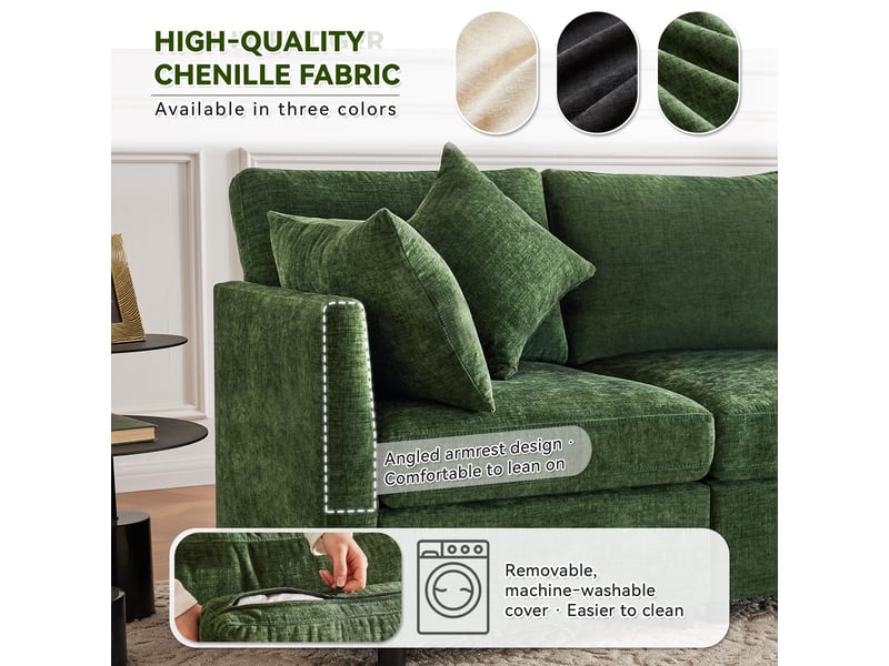  Canapé modulable 3 places en tissu chenille vert, configurable en l, avec pouf et 4 coussins, 216×161×81 cm  - Conforama D