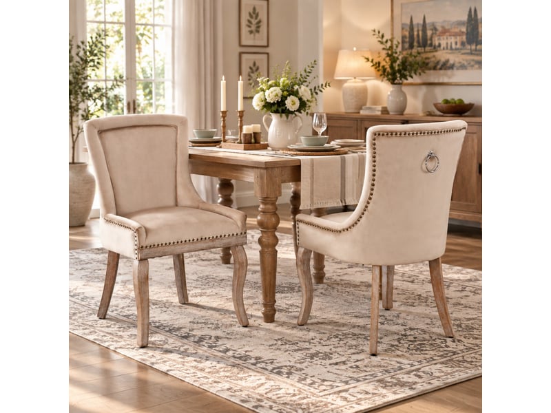  Lot de 2 chaises de salle à manger beige en velours, dossier capitonné, pieds en bois massif  - Conforama B