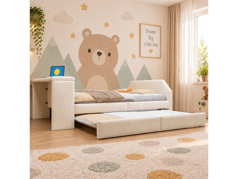 Lit pour enfant rembourré 140x200 cm – avec port de charge usb – avec lit gigogne – velours – beige (matelas non inclus) - Conforama E