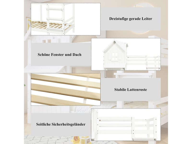  Lit superposé enfant 90x200, sécurité garde-corps lit cabane, échelle sécurisée, sommier bois  - Conforama E