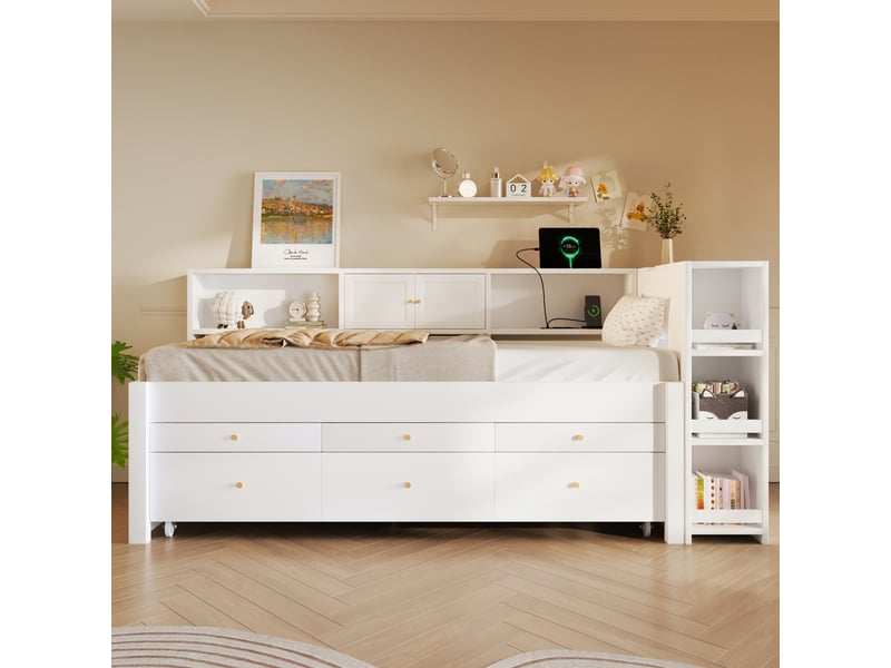  Lit gigogne enfant en bois 90x200 cm avec lit tiroir 90x190 cm, 3 tiroirs de rangement, prise usb, étagères latérales et couchage supplémentaire-blanc  - Conforama E