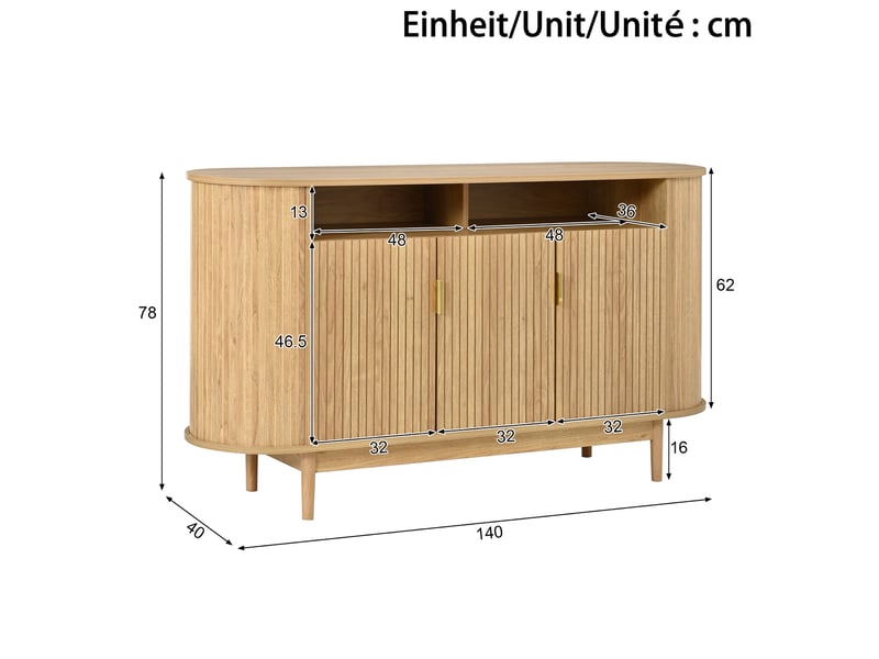  Buffet 140x40x78 cm 3 portes à lignes verticales mdf panneau de particules naturel  - Conforama E
