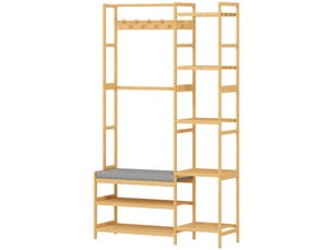 Vestiaire d'entrée style naturel bois bambou 5 + 2 étagères 10 patères barre penderie banc