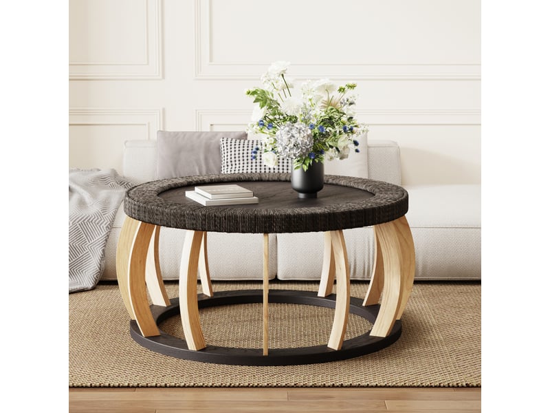  Table basse ulevr ronde vintage 90 cm en bois et mdf noir marron, détails en rotin et pieds courbés  - Conforama B