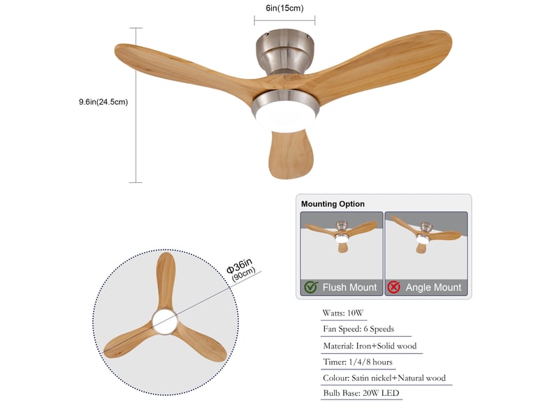  Ventilateur de plafond encastré 90 cm naturel, bois, éclairage led 20 w, télécommande, 6 vitesses réversibles  - Conforama C