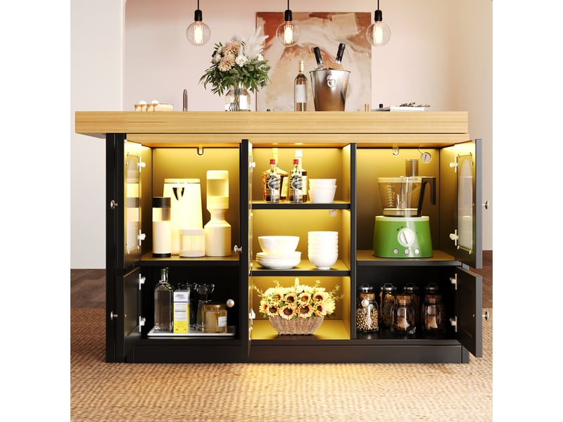 Îlot de cuisine extensible 120-197 cm, table pivotante, portes vitrées, éclairage led rgb, noir, style contemporain  - Conforama E
