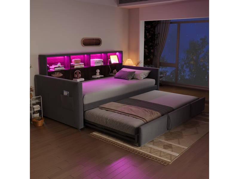  Canapé-lit capitonné 90x190cm avec led, prises et rangements, velours gris foncé, lit extractible  - Conforama E